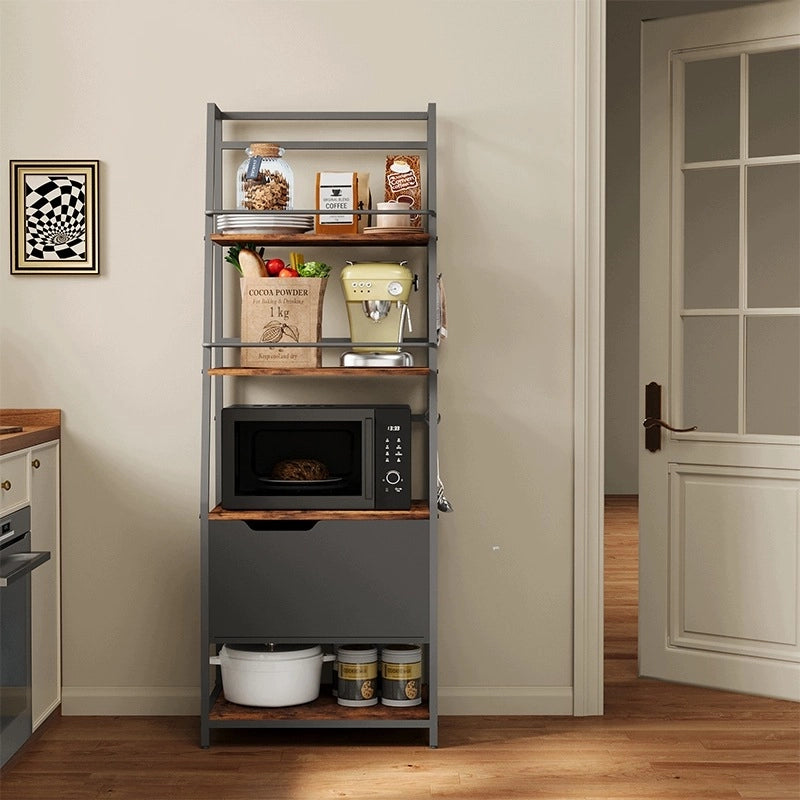 Scaffale da cucina per microonde in rovere rustico, grande e pratico, con ganci in stile loft