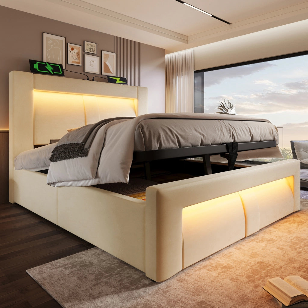 Letto singolo 90x200 cm con contenitore, LED, USB Type-C, velluto beige, con materasso
