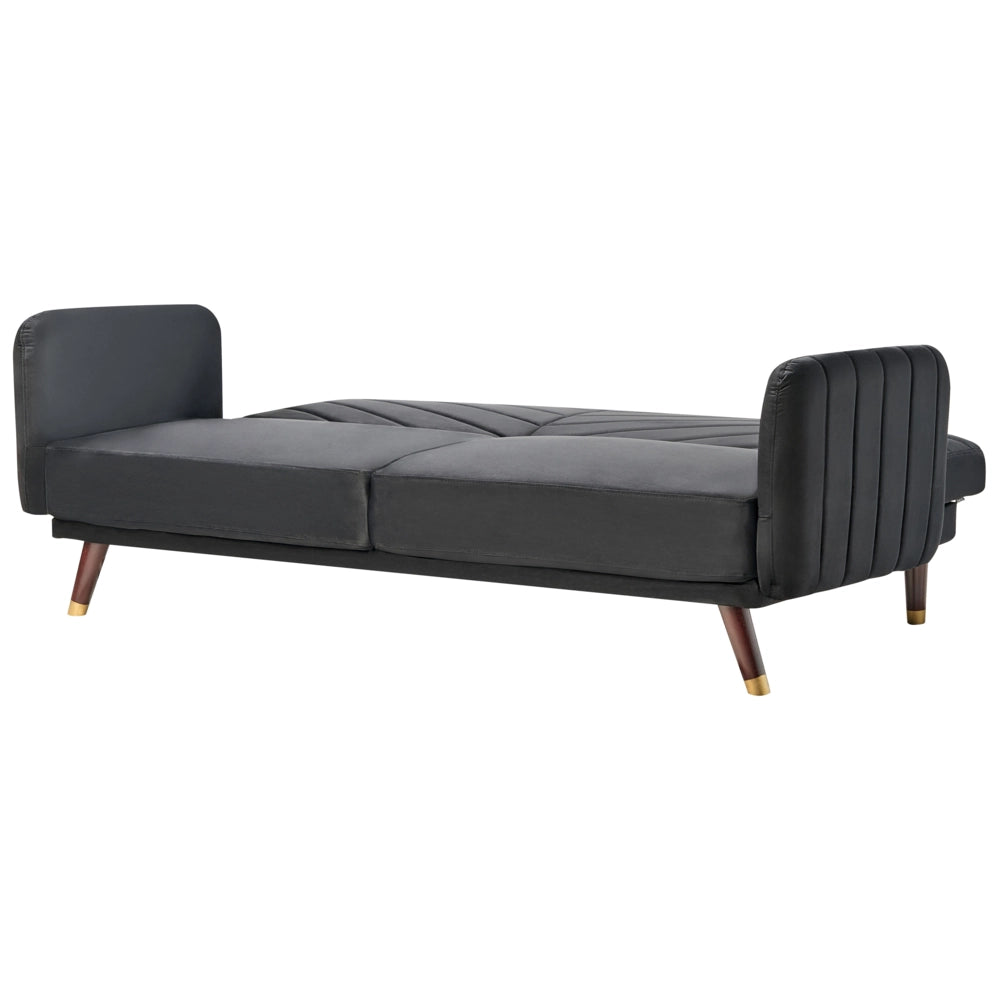 Divano Letto Tessuto Velluto Nero Scuro Soggiorno Moderno 3 Posti Gambe In Legno Braccio A Pista
