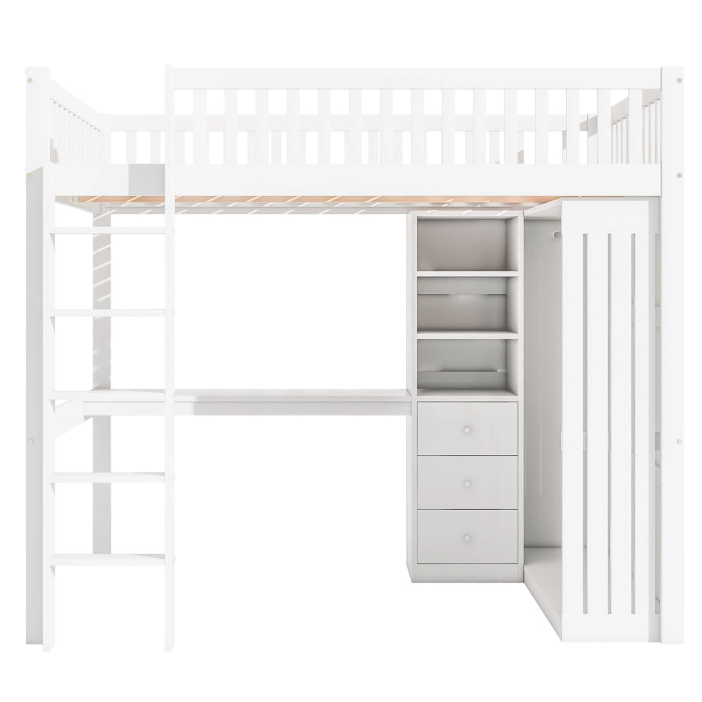 OKWISH Letto a soppalco 140×200 cm, Letto Matrimoniale con Scrivania, Armadio, 3 Cassetti, Vano a Vista e Scala, senza Materasso, Bianco