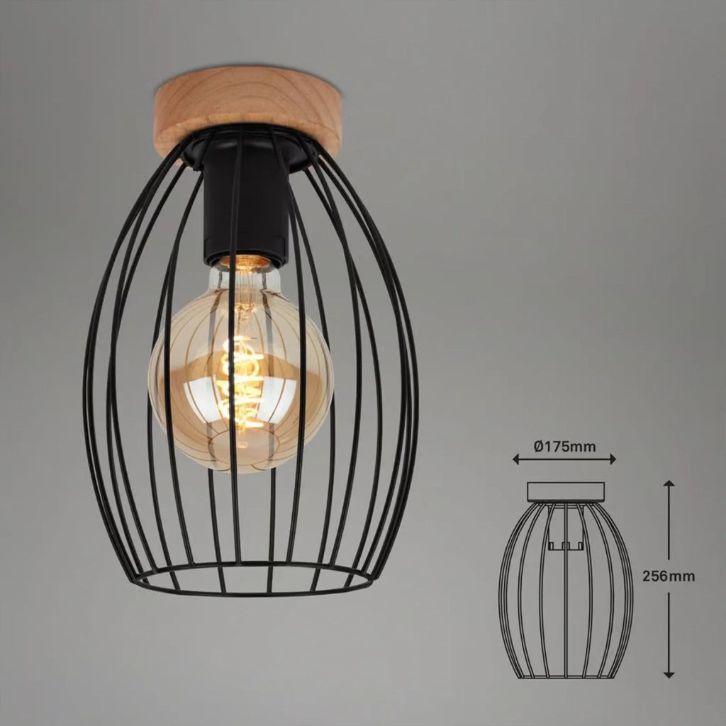 Plafoniera Vintage Industrial Waktu Metallo Nero Legno Marrone 1 Luce E27