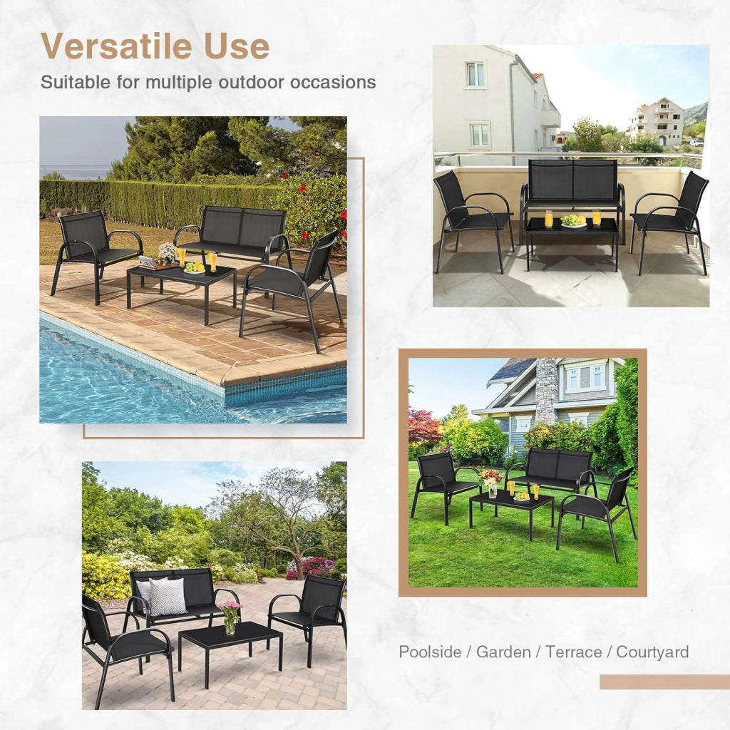 Set di 4 mobili da giardino con tavolino da salotto e panca da giardino e 2 sedie da pranzo, in textilene, set da 4 persone, mobili da giardino (Nero)