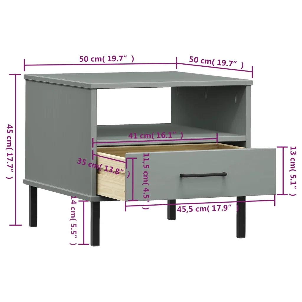 Comodino | Armadio da Notte | Mobiletto da notte con Gambe in Metallo Grigio Legno Massello Pino OSLO