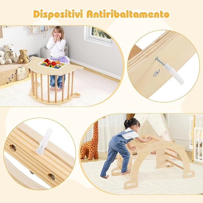 8 in 1 Arco da Arrampicata per Bambini, Altalena ad Arco in Legno con Contenitore Pieghevole, Palestra Montessori per Bambini 3 Anni + (90 × 50 × 48 cm)