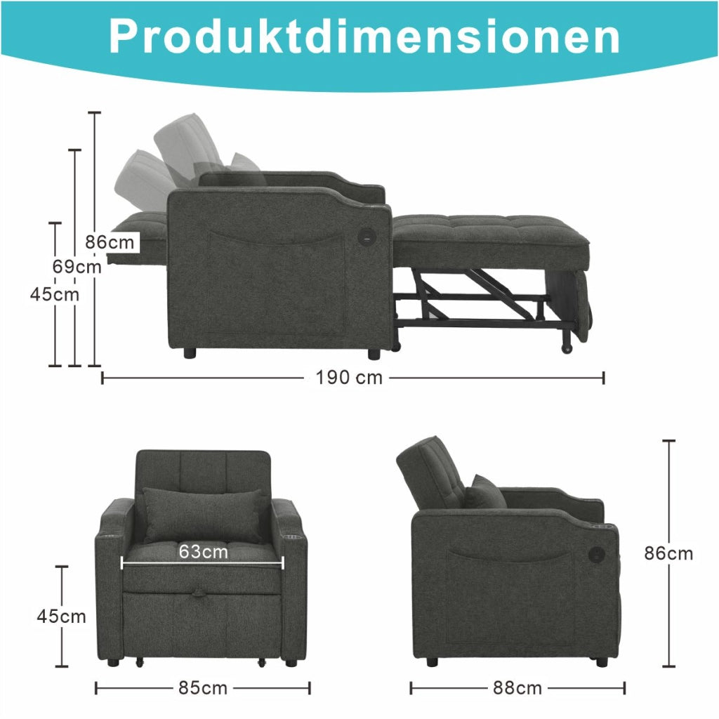 Fauteuil convertible 3 in 1 con funzione letto schienale regolabile a 3 posizioni USB e USB-C in tessuto grigio scuro