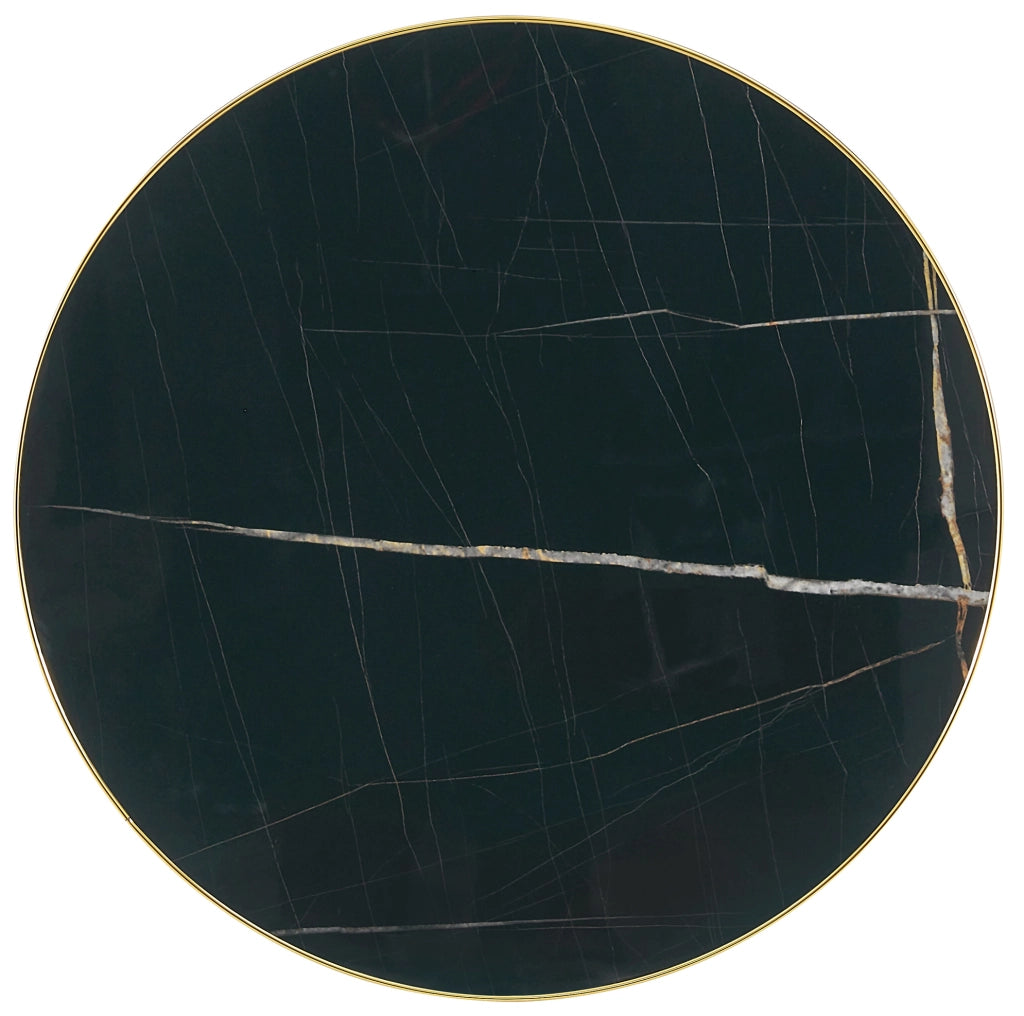 Tavolino rotondo nero e oro con piano effetto marmo