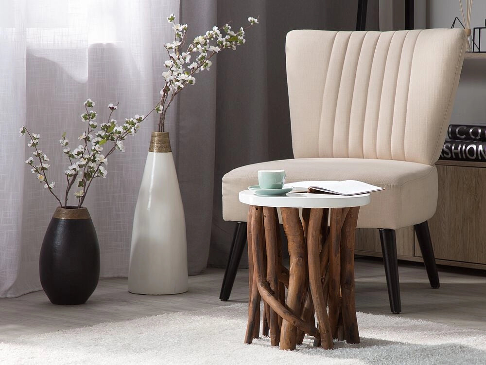 Tavolino Bianco Tondo Piano Legno Teak Scuro Ramo Di Albero Base Moderno Rustico Soggiorno Camera Da Letto
