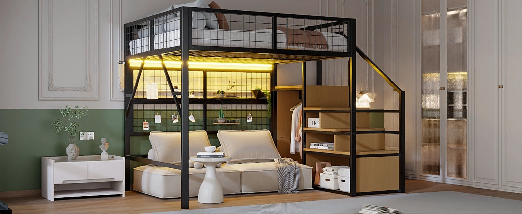 DESMIU Letto a Soppalco Matrimoniale con LED Regolabile, Scala Contenitore e Armadio 140 × 200 cm senza materasso
