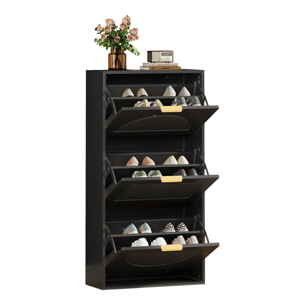 OKWISH Scarpiera Streta con 3 Ante a Ribalta e Sistema Antiribaltamento, per Ingresso o Corridoio, 60 x 24 x 114 cm, Nero