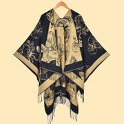 Elegante scialle caldo double-face con frange floreali e spacco laterale