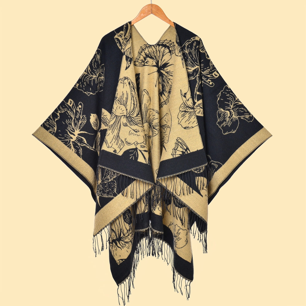 Elegante scialle caldo double-face con frange floreali e spacco laterale