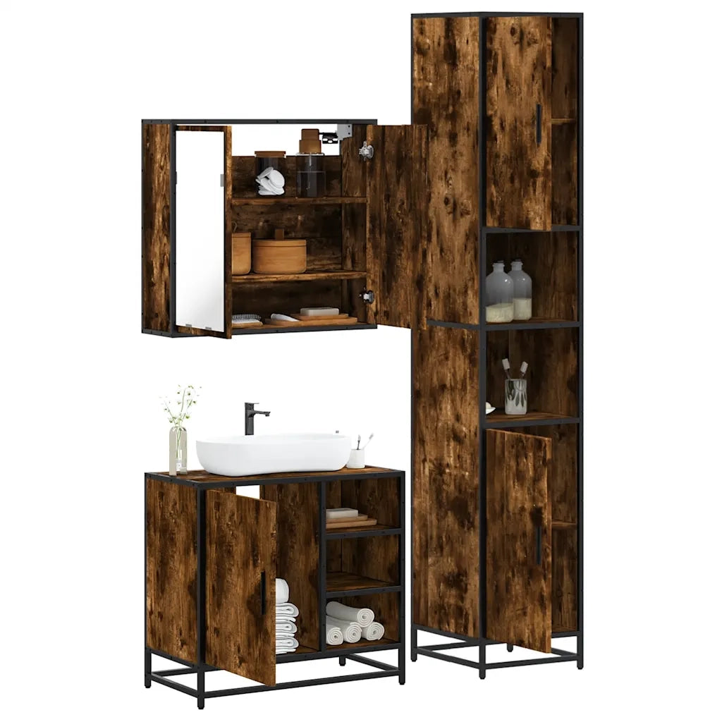 Set Mobili da Bagno 3 pz Rovere Fumo in Legno Multistrato
