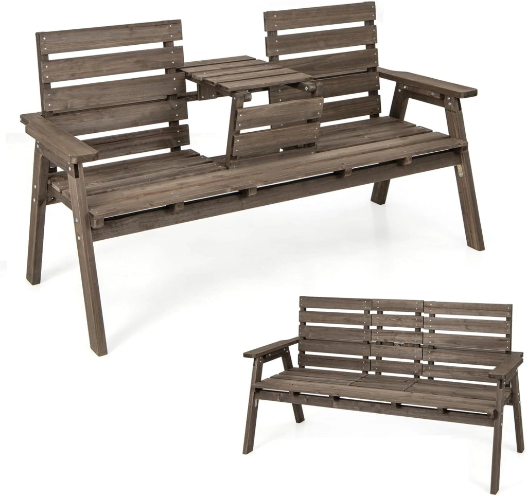 GIANTEX Panchina da giardino con tavolo, in legno massiccio con tavolo centrale pieghevole, panca a 3 posti, panca ergonomica con schienale e braccioli, panca da giardino e terrazza, portata fino a