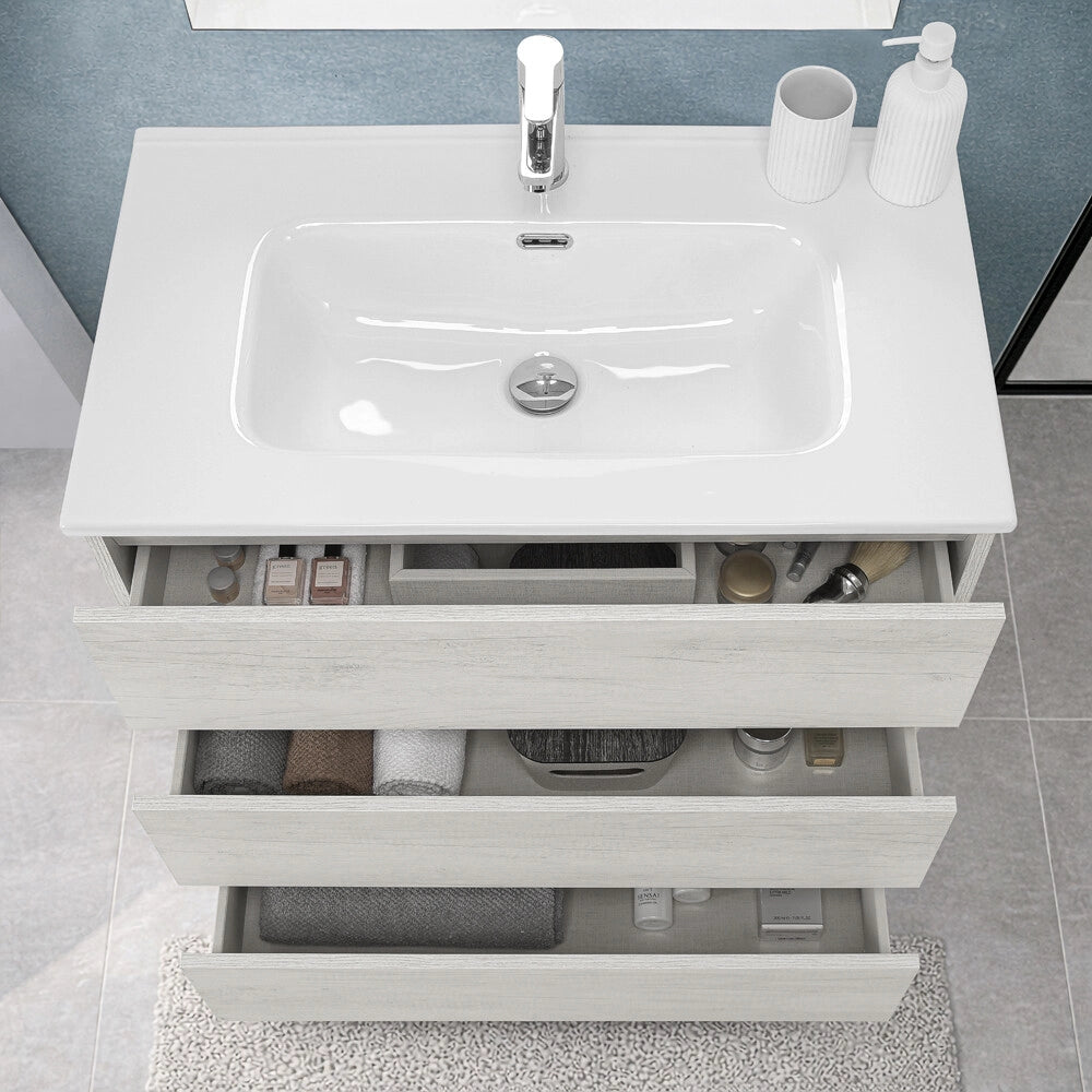 Mobile bagno a terra 100 cm in quercia bianca con lavabo Leda