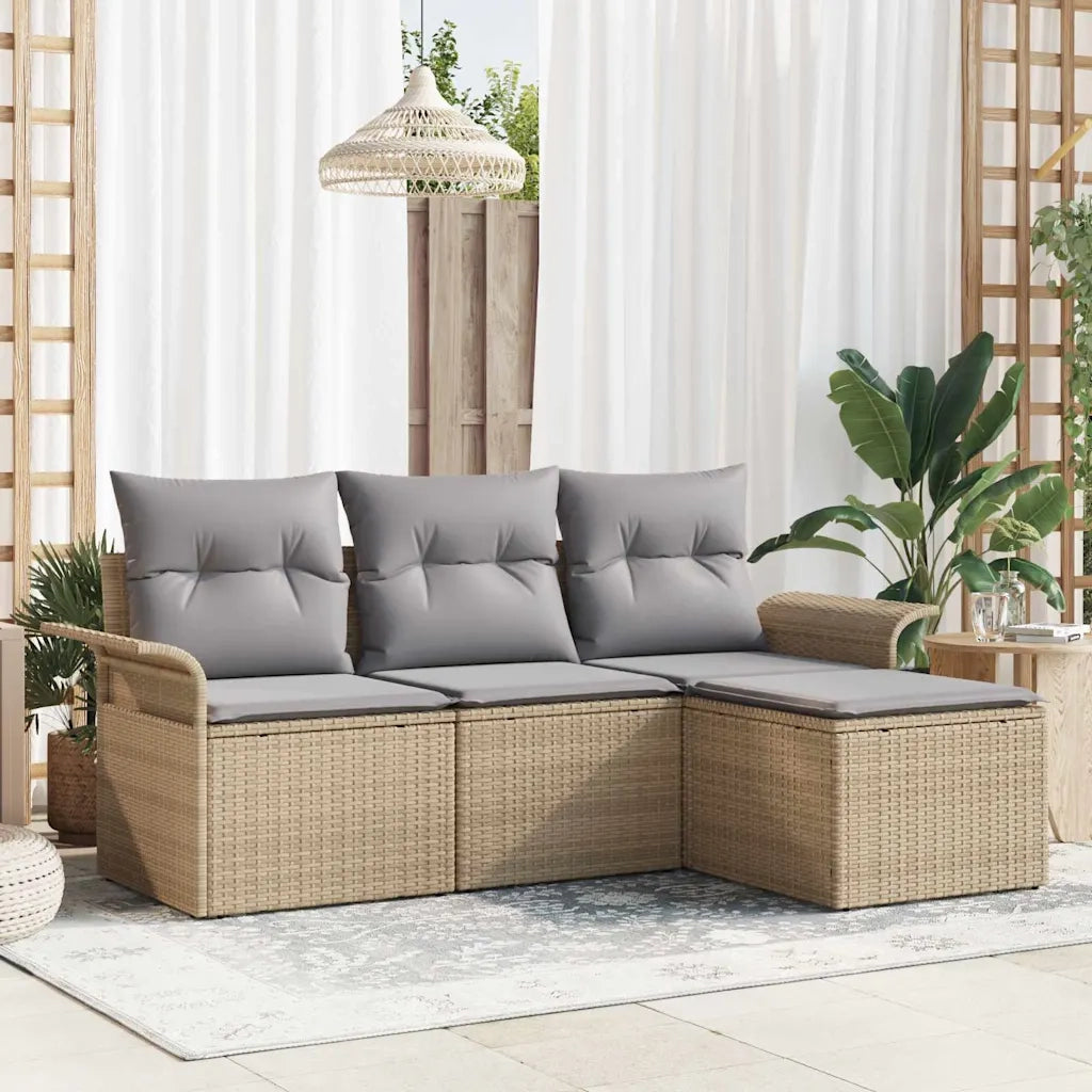 Set Divano da Giardino con cuscino 4 pz | Set Salotto da Giardino Beige Poly Rattan