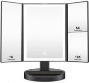 Specchio di trucco pieghevole con illuminazione, 10x/5x/1x ingrandimento con illuminazione e 3 colori di illuminazione, specchio pieghevole con illuminazione e luce LED regolabile, caricabile via USB, nero