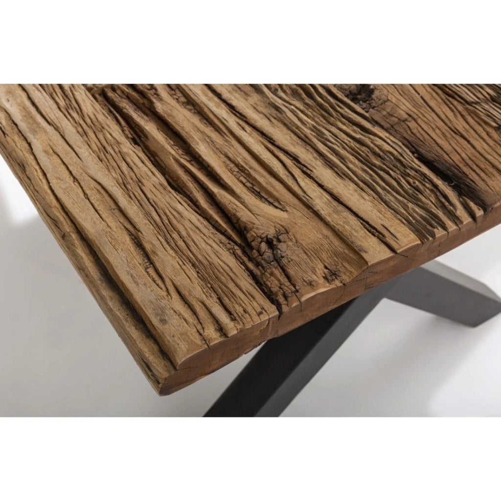 Tavolo da pranzo RAFTA 220 cm – Piano in legno massiccio di teck – Gambe a X in metallo nero