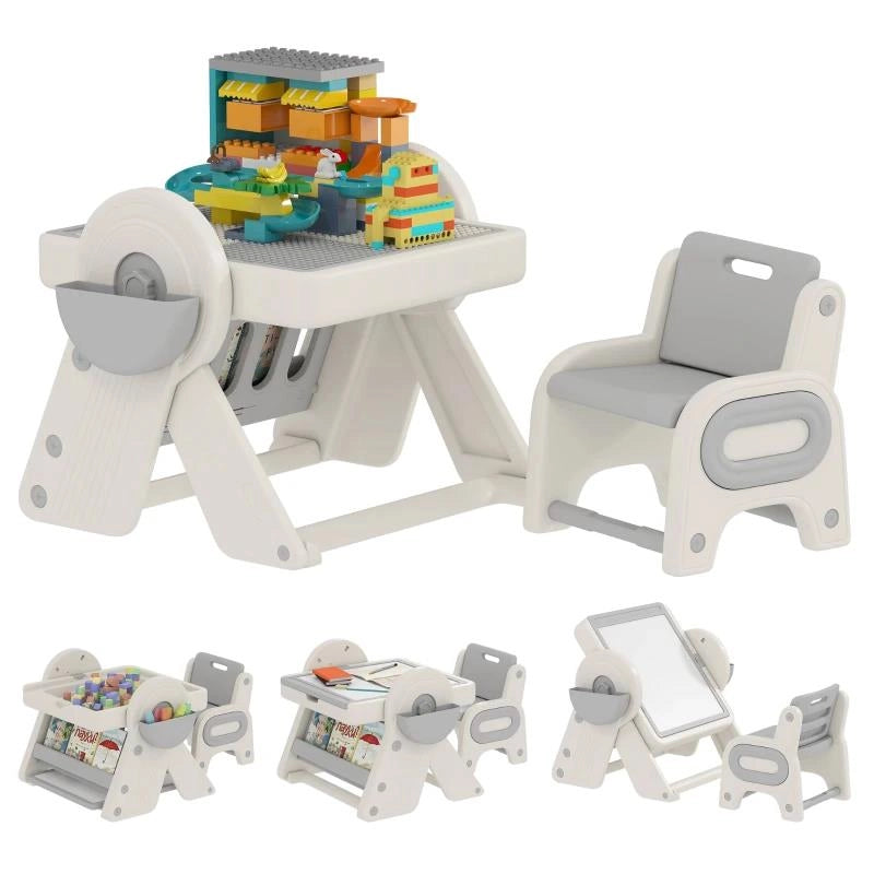 TAVOLO MULTIUSO PER BAMBINI CON RIPIANO CONTENITORE E CASSETTI, IN HDPE E PP, GRIGIO E BIANCO