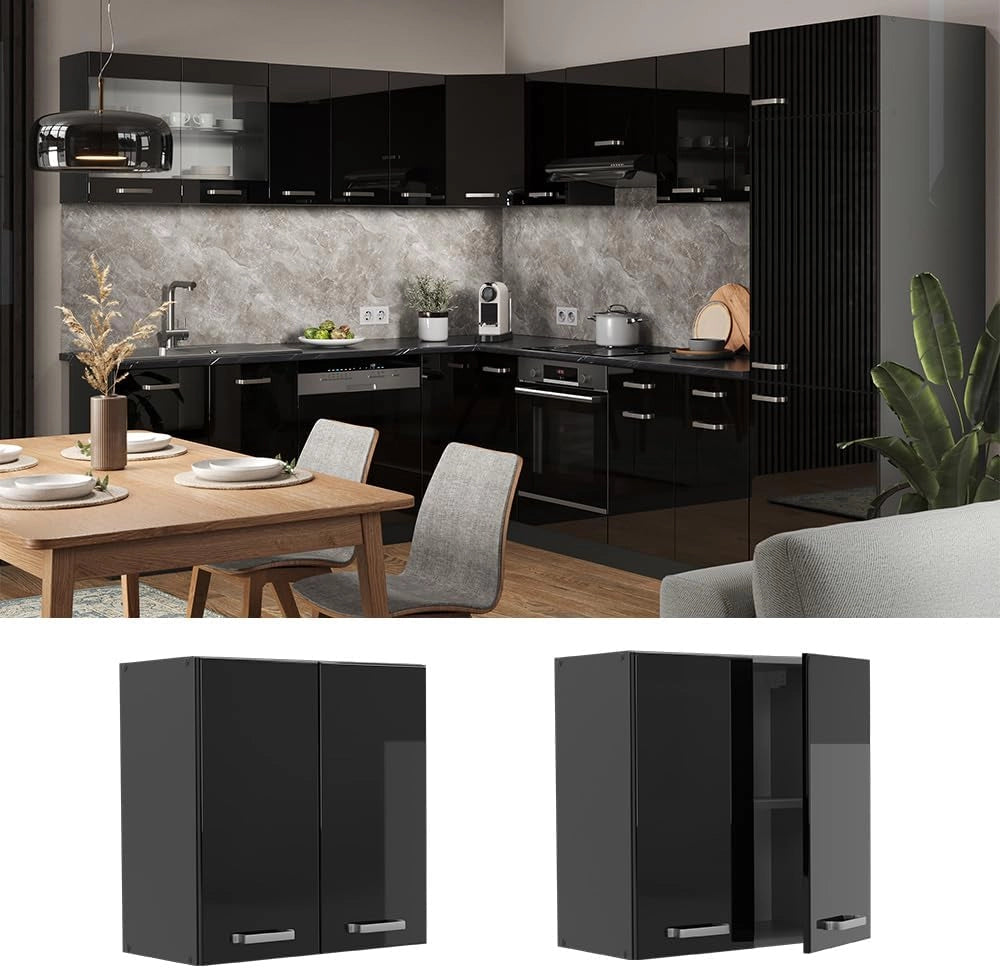 Pensile da cucina R-Line, Nero lucido, 60 cm, per la libera combinazione all'interno di sistemi cucina modulari