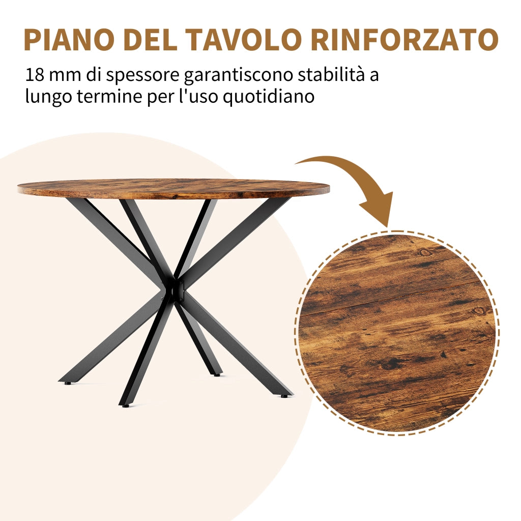 Tavolo da pranzo rotondo industriale con gambe a X in ferro, piano marrone vintage, Ø 120 cm