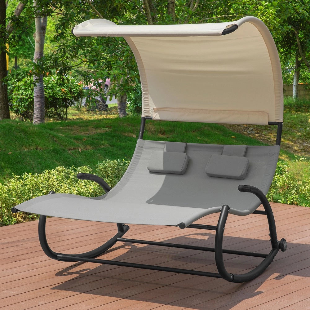 SoBuy Sdraio dondolo da giardino 2 Posti con 2 Cuscini e Tettuccio Sdraio prendisole per esterni Grigio 140x184x180 cm OGS50-HG