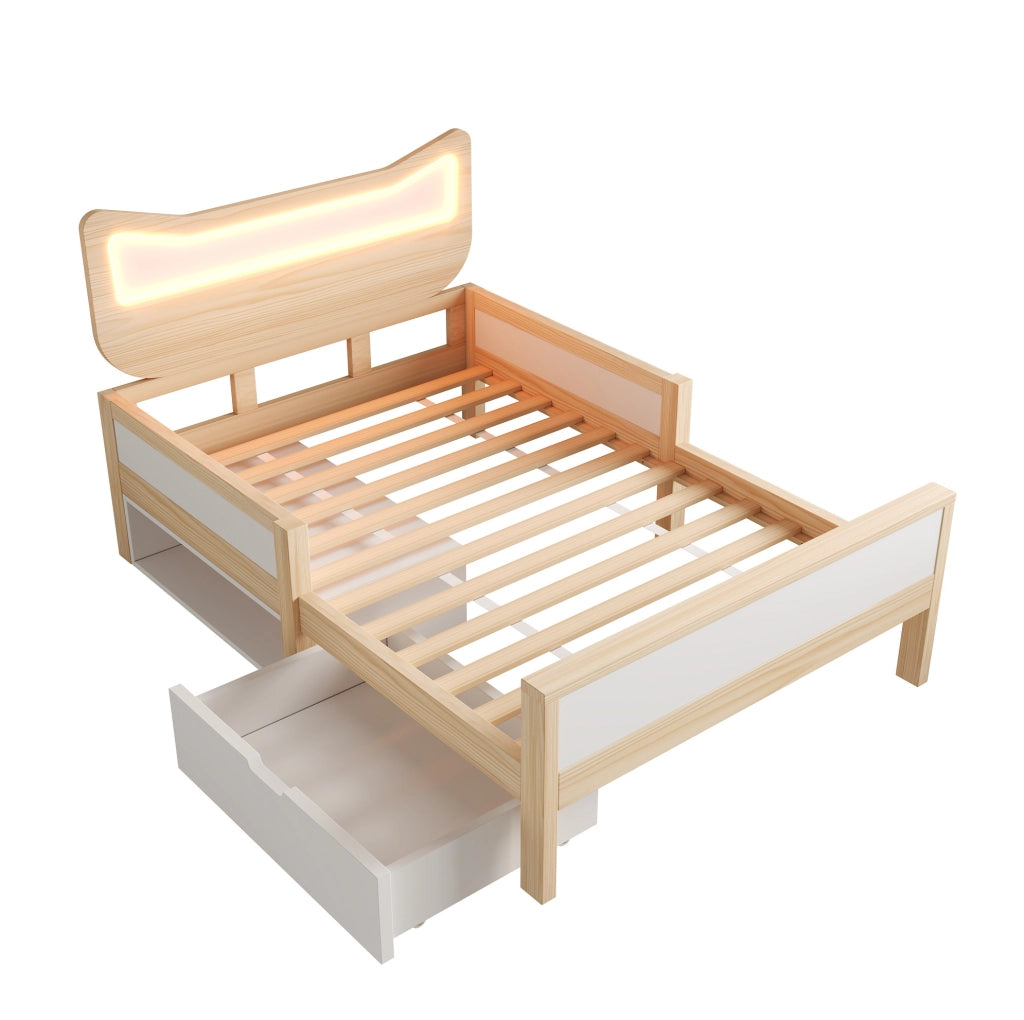 Letto per bambini 90x190 cm con testiera a gatto; LED; cassetto e vano contenitore; bianco e rovere