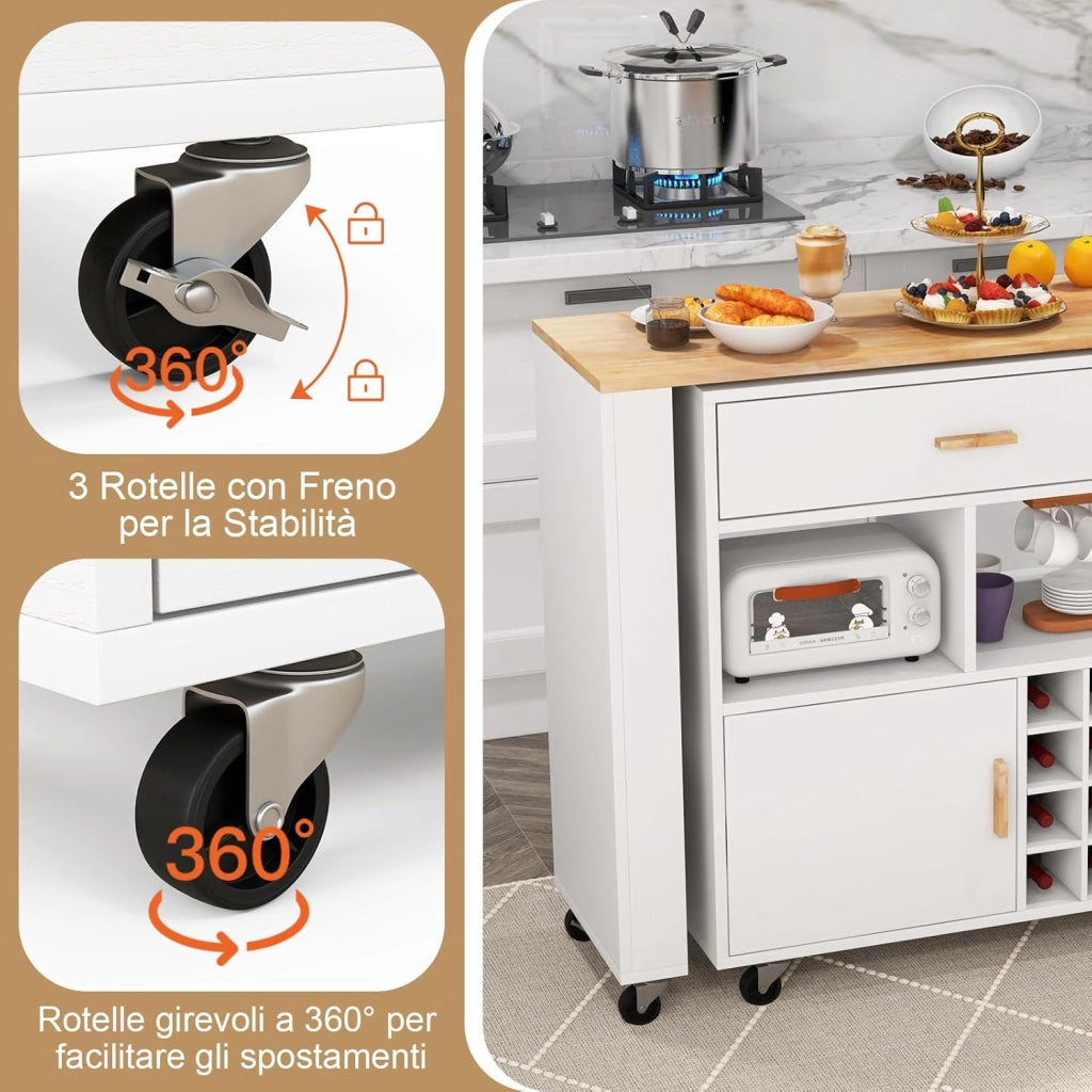 2 in 1 Carrello da Cucina, Carrello di Servizio Reversibile con Piano in Legno di Gomma, Ripiano Regolabile Porta Calici per 12 Bottiglie, 120x40x100 cm