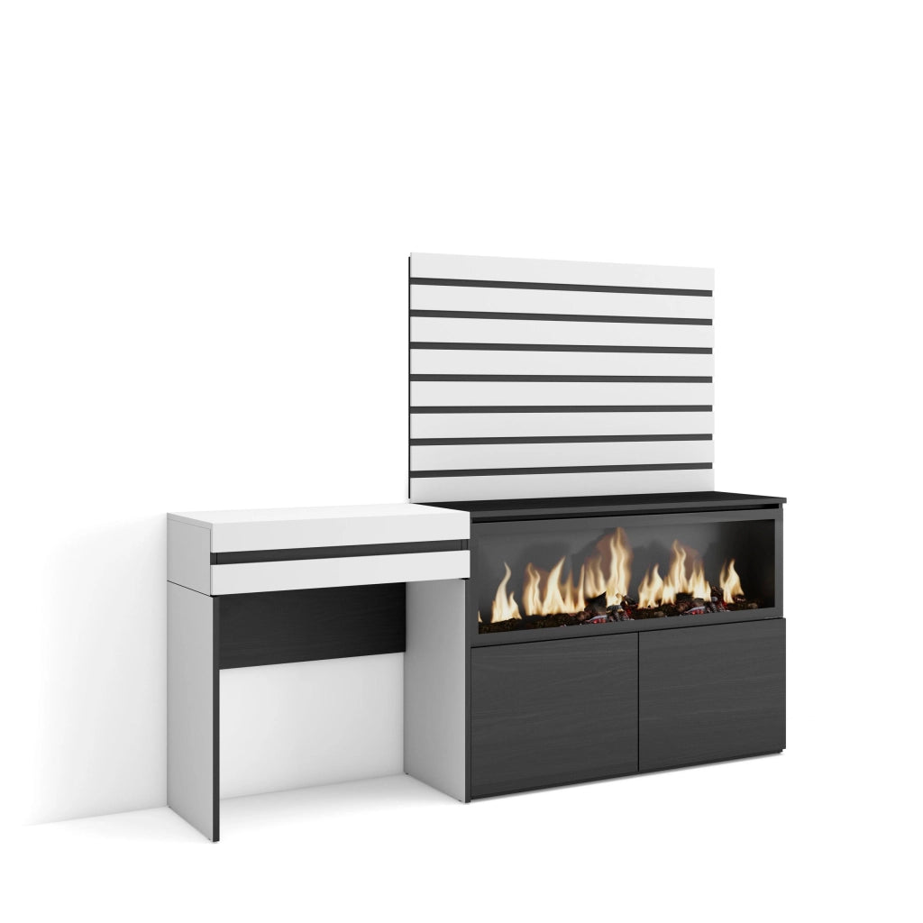 Tavolo da toeletta, 177x35x145cm, Con cassetto, Camino elettrico XXL, Pannelli Decorativi, Bianco RF3459