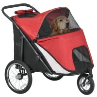 Passeggino per Cani, pieghevole, tetto apribile, cuscino, telaio in acciaio, Rosso/Nero