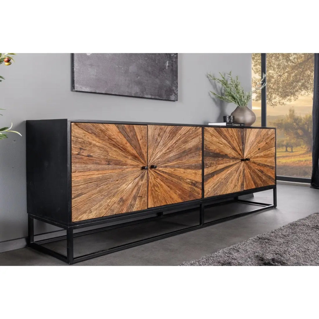 Buffet RAOKA 180 cm in legno massiccio di mango e teak – Motivo solare scolpito