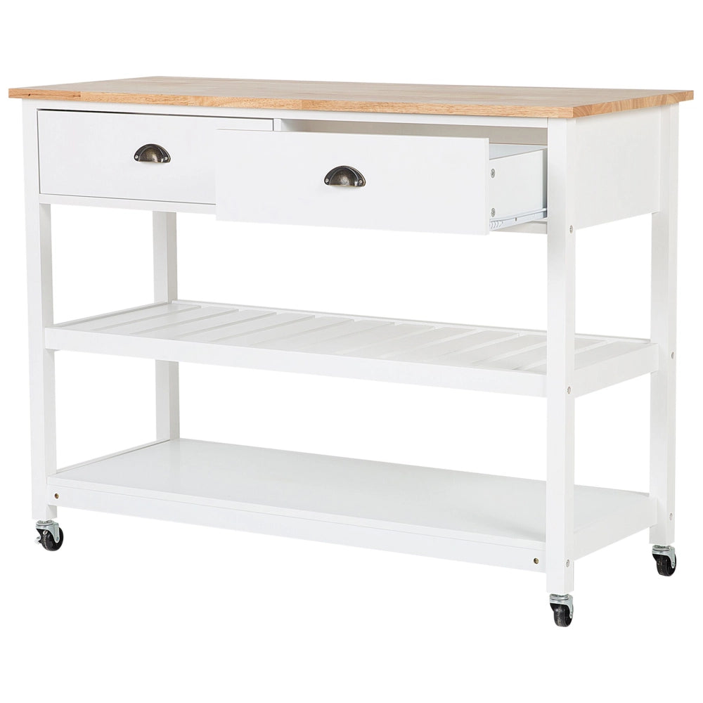 Carrello Cucina Bianco Legno Chiaro Piano 2 Ripiani 2 Posate Cassetti Rotelle Scandinavo Moderno