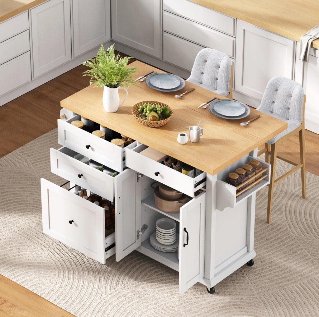 Isola da cucina 107x45-70x90.5 cm con piano estraibile in MDF bianco e naturale