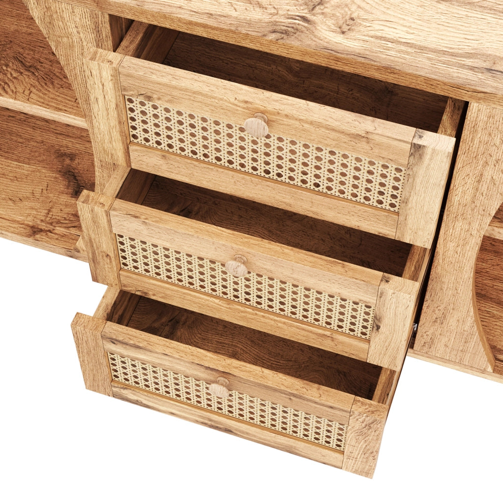 Madia 140.5x40x76 cm con 3 cassetti in rattan; ante scorrevoli e ripiani regolabili in pannello truciolare naturale