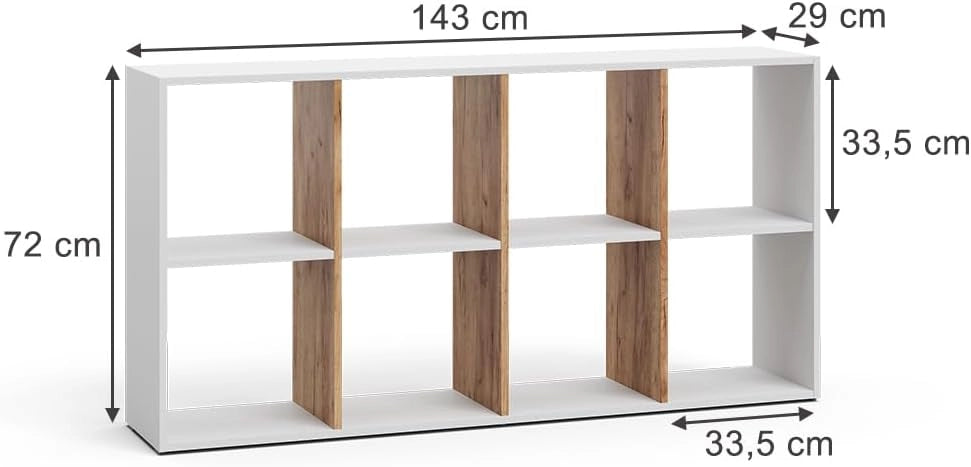 Scaffale Scutum, Rovere bianco/dorato, 143 x 72 cm, per l’utilizzo come divisorio o come libreria aperta