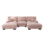 Divano angolare modulare effetto nuvola con ottomane; seduta profonda; in ciniglia rosa; 5 pezzi