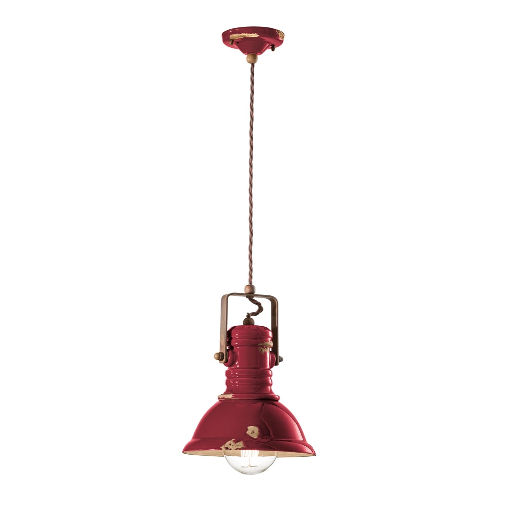 Lampadario Industrial Ferro E Ceramica Vintage Bordeaux 1 Luce E27 23Cm