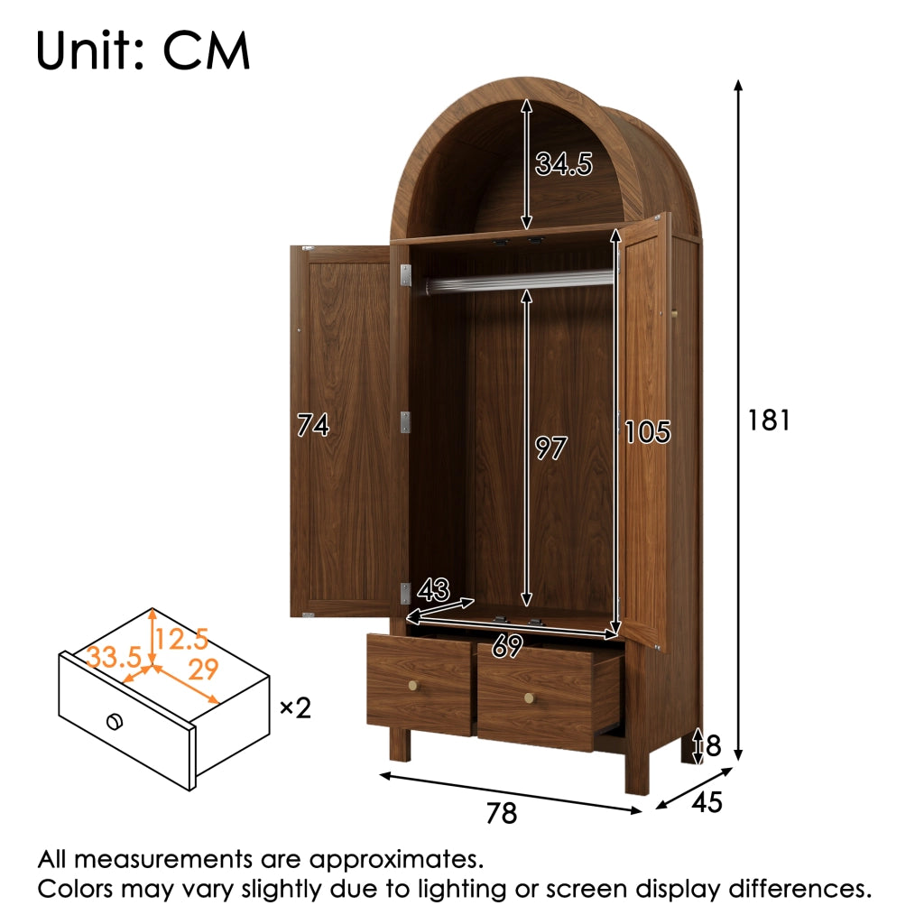 Armadio con 2 ante, 2 cassetti, vano aperto e asta, stile country, per camera da letto, noce, 181 × 78 × 45 cm