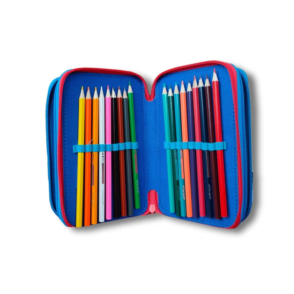 Trade Shop - Astuccio Portapastelli Scuola 3 Zip Topolino Accessoriato Pastelli Pennarelli Mm -