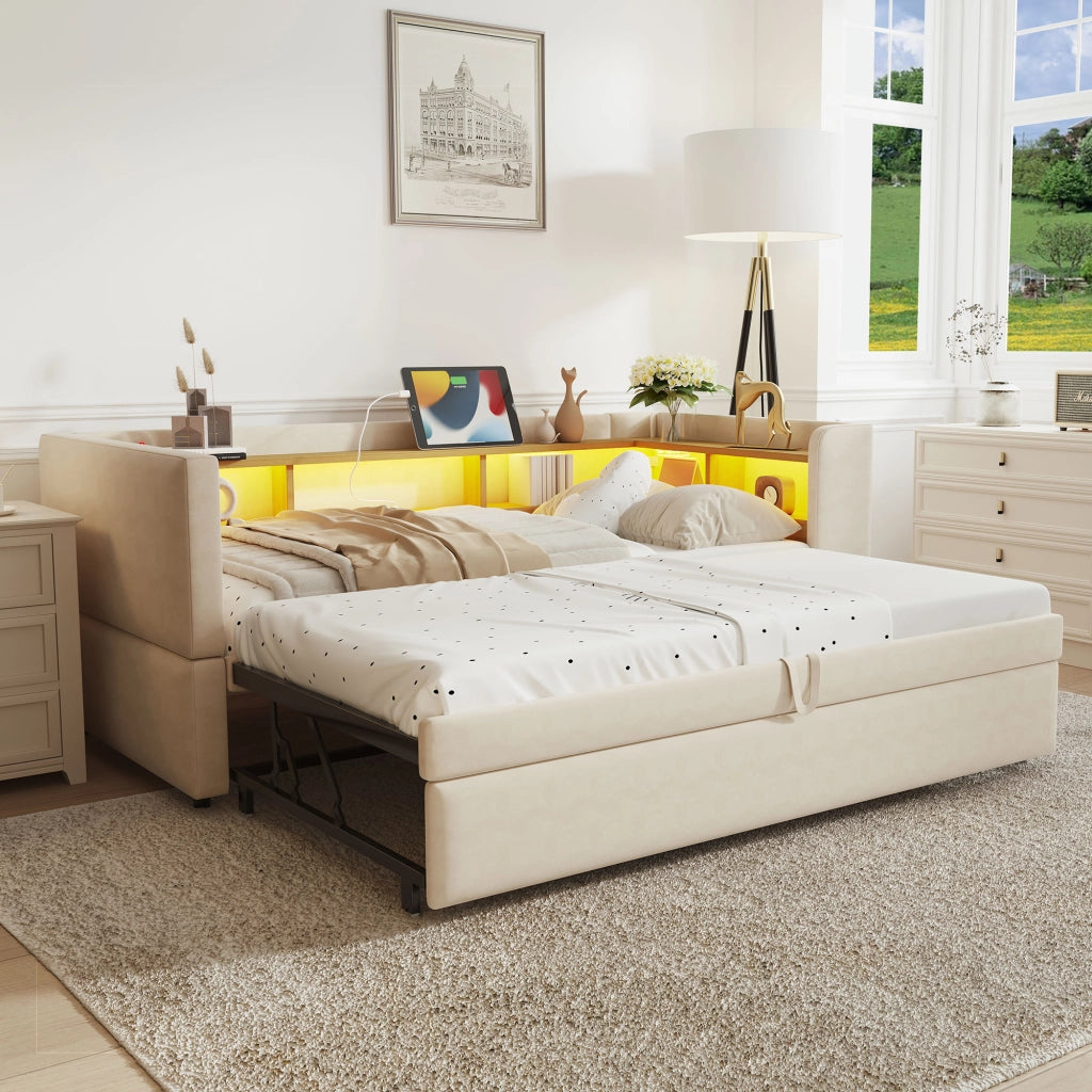 Letto divano estraibile in flanella beige 90/180x190 cm