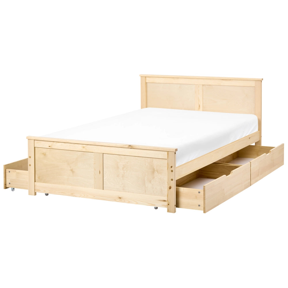 Letto con 4 cassetti in legno di pino naturale e MDF di betulla 120 x 200 cm con testiera in stile scandinavo