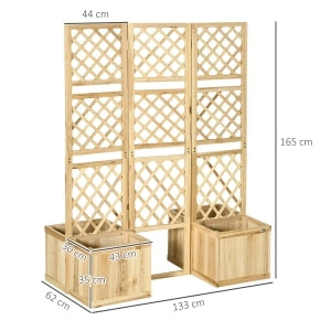 Paravento da esterno con traliccio e 4 fioriere, legno naturale, 133 x 62 x 165 cm
