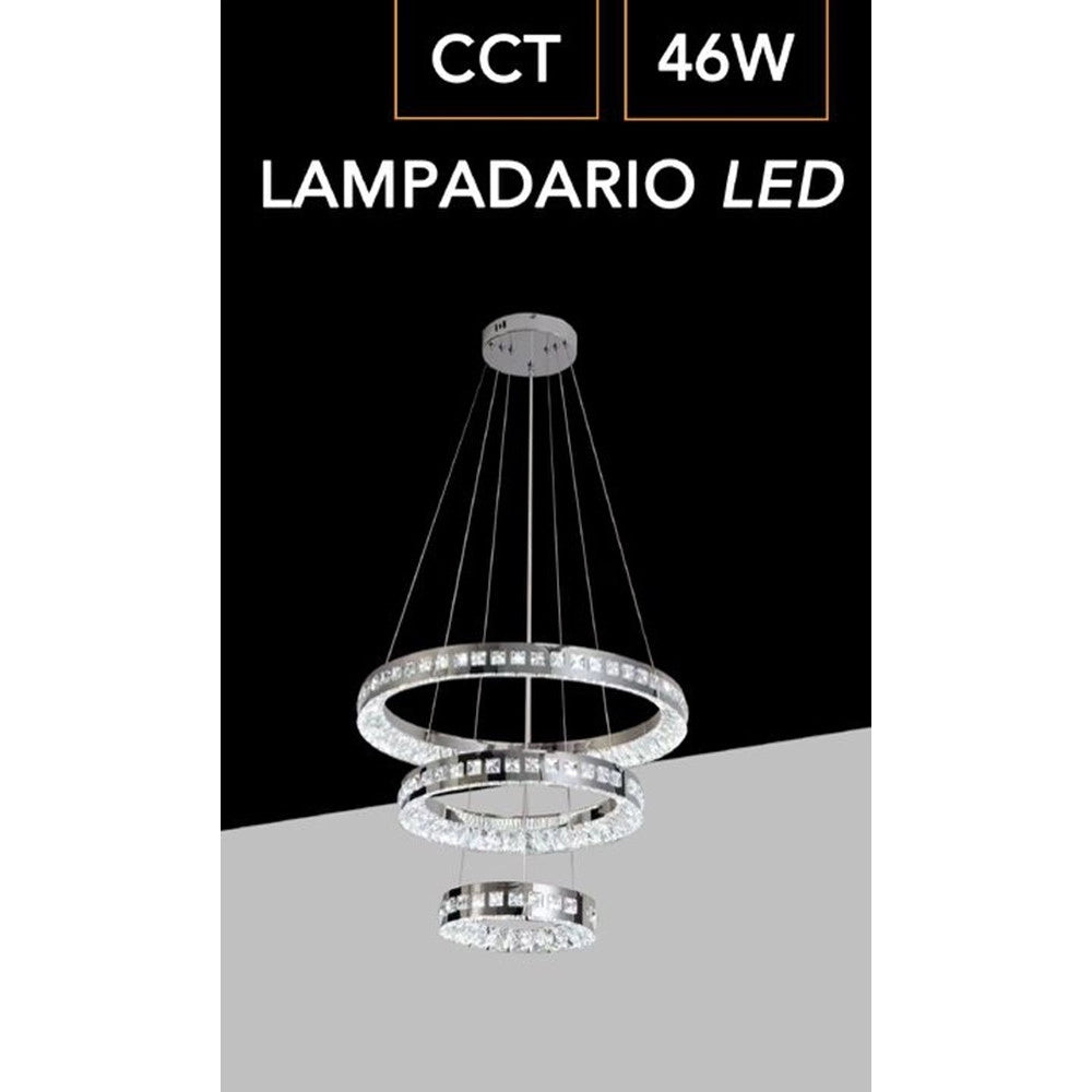 Trade Shop - Lampadario Led A Sospensione Soffitto 46w Cct 3 Anelli Decorati Cristalli Acrilico B50-3c -