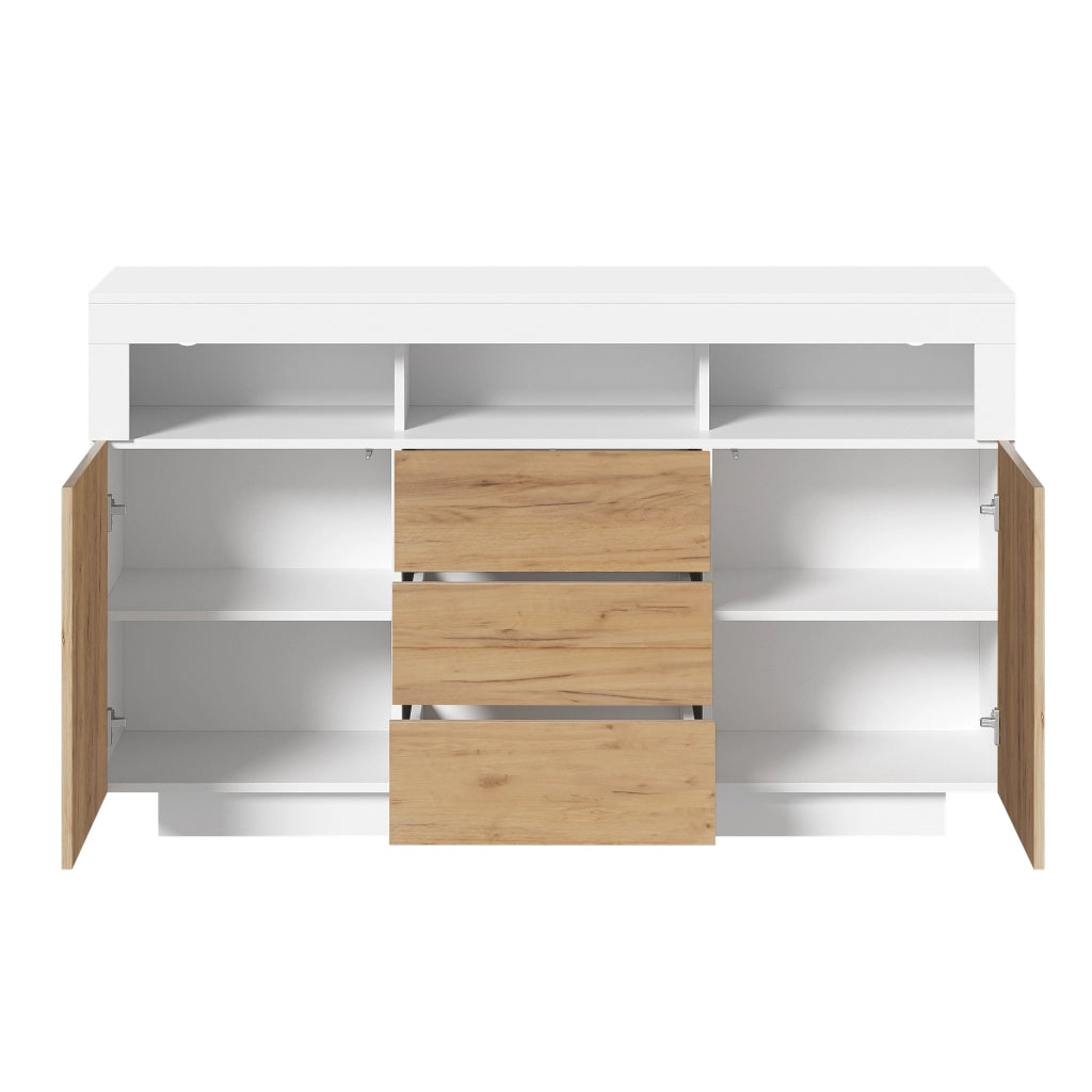 Credenza moderna con 3 cassetti, 2 ante e 3 ripiani aperti, colore bianco e naturale, 140 ¡Á 40 ¡Á 85 cm