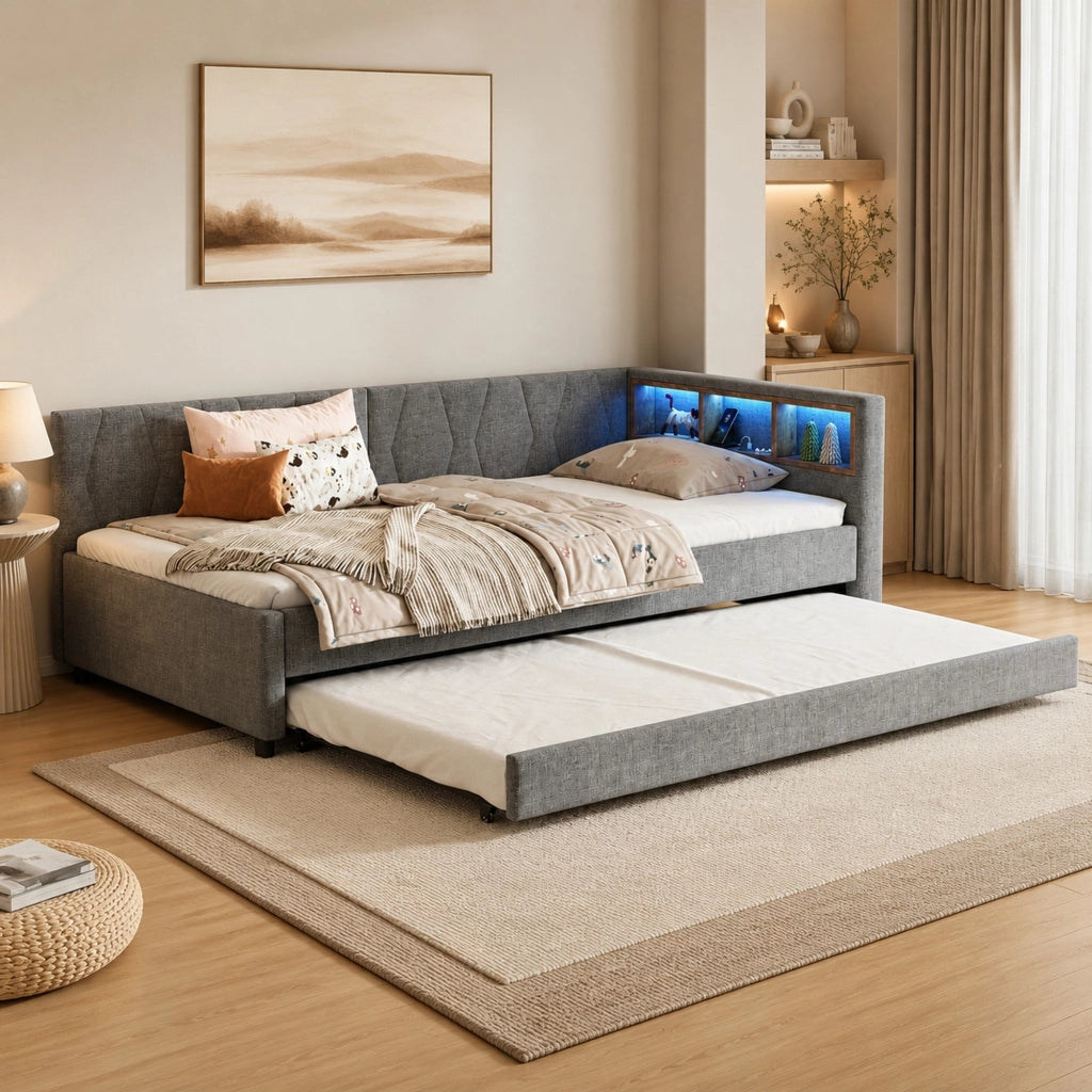 Letto estraibile 90x200 cm grigio con LED, USB e Type-C