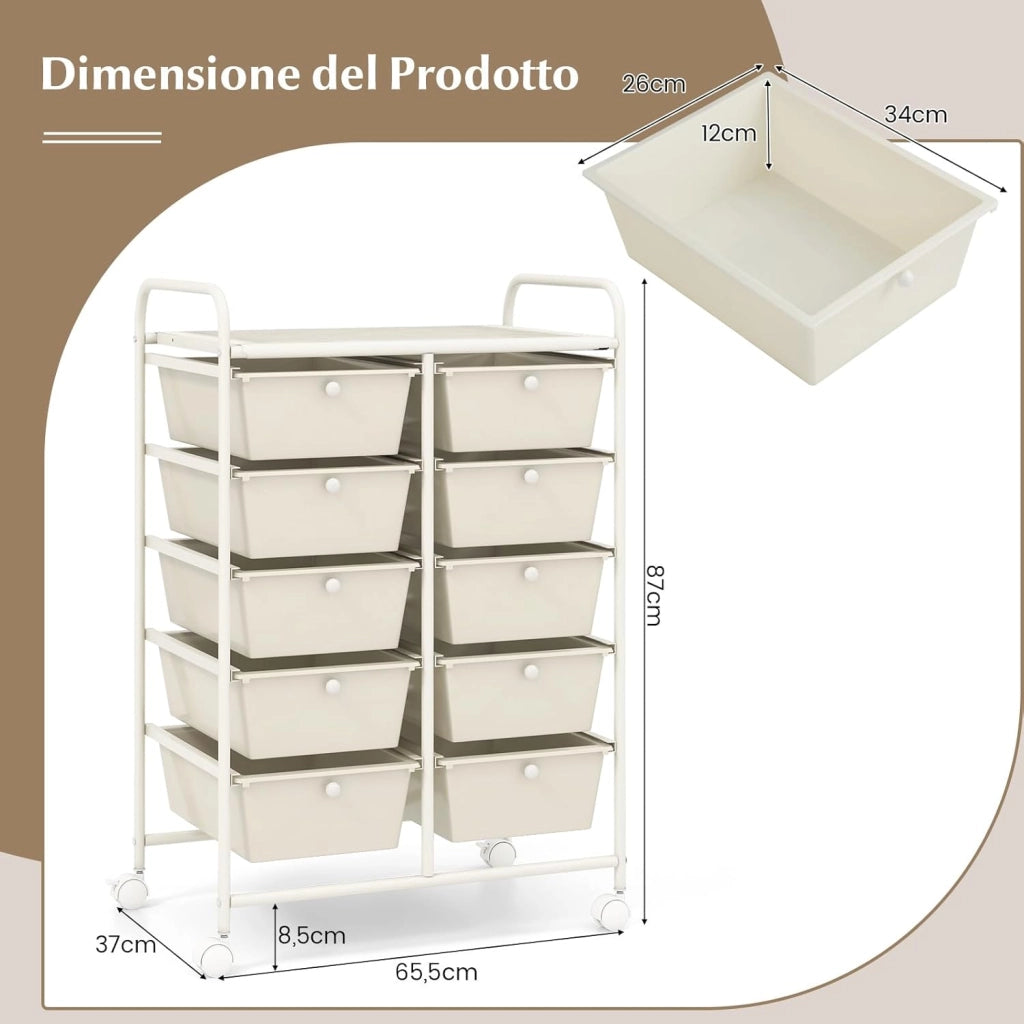 Carrello a 10 Cassetti con Ruote, di Stoccaggio con Stabilità Elevata, Multiuso per Casa Ufficio e Scuola, 65,5 x 37 x 87 cm (Bianco)