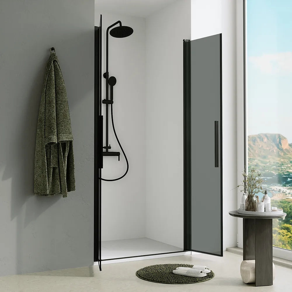 Porta doccia 90cm apertura saloon con profili nero opaco e vetro da 6mm fumè h195 | Elba