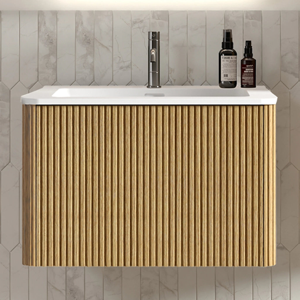 Mobile bagno sospeso con lavabo da 60 cm, design scanalato, colore rovere, montato