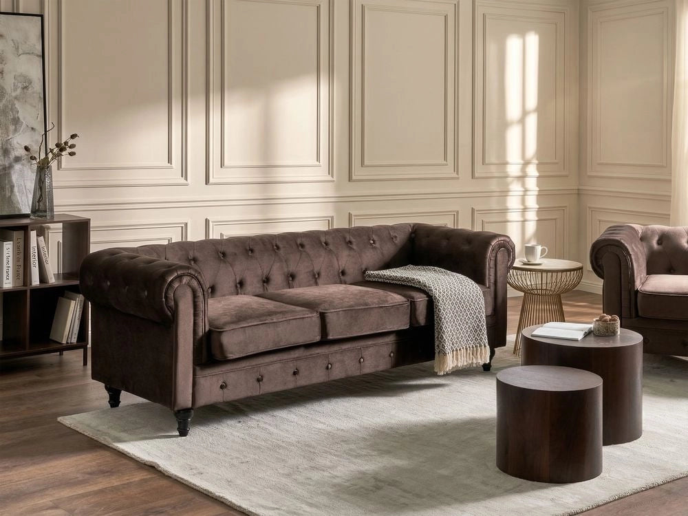 Divano Chesterfield classico capitonné a 3 posti in velluto marrone scuro stile Contemporaneo