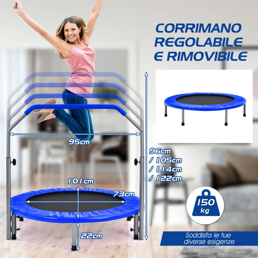 Trampolino fitness per adulti e bambini con maniglia regolabile, Mini trampolino pieghevole 101x101x122cm Blu-Trampolini