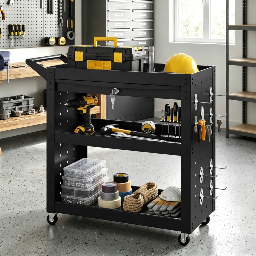 Carrello utensili 3 livelli con cassetto e pannello forato ¨C zephmum ¨C Nero